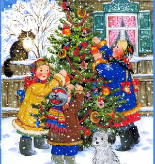 Картинка Дети наряжают ёлку, Новый год