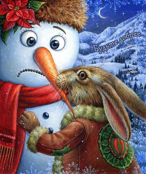 Зима. Снеговик и заяц