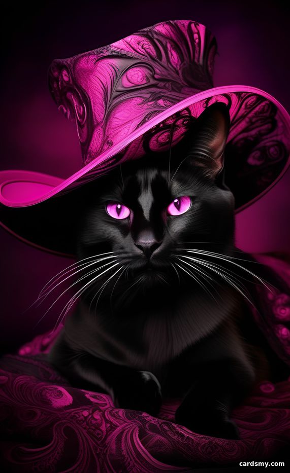 Чёрная кошка в розовой шляпе