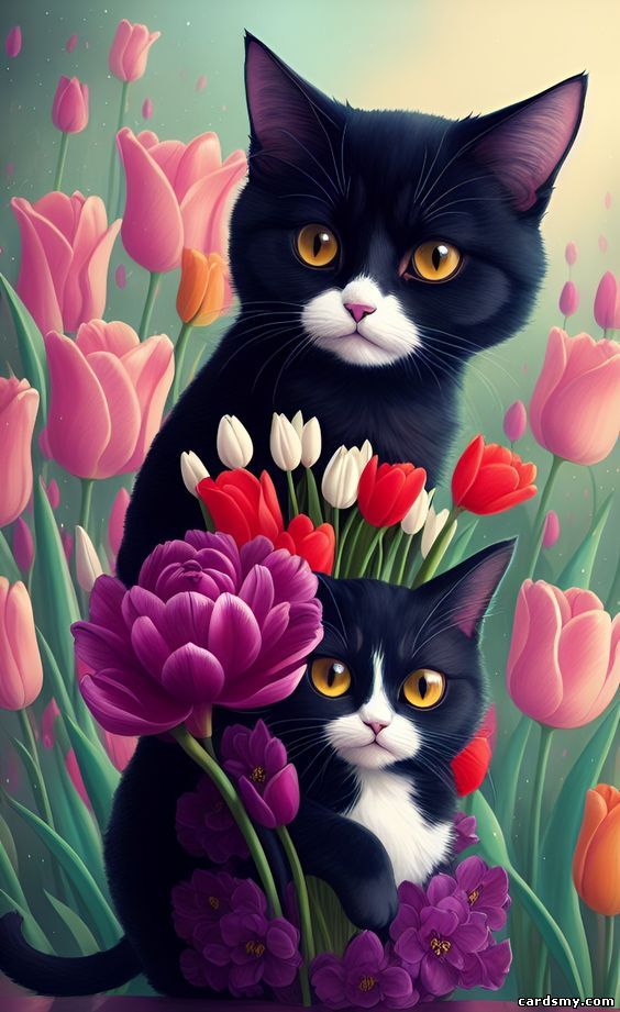котики с тюльпанами