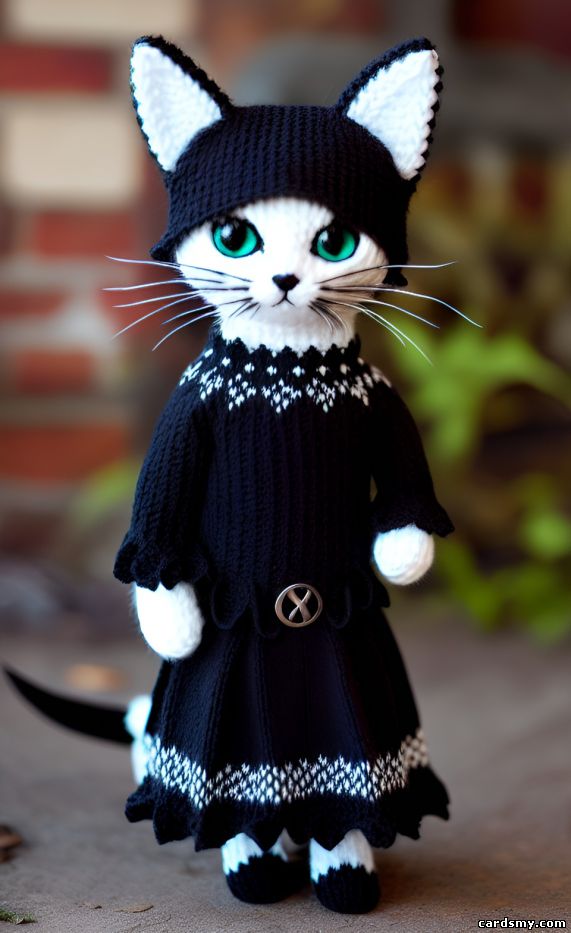 Кошка в вязаном черном платье