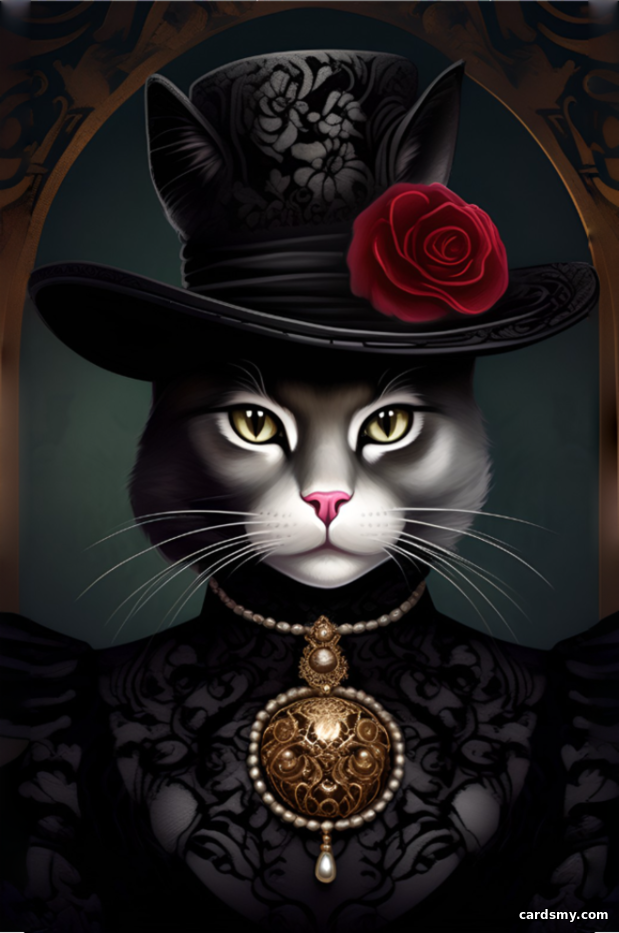 Кошка в черной шляпе и черном бархатном платье