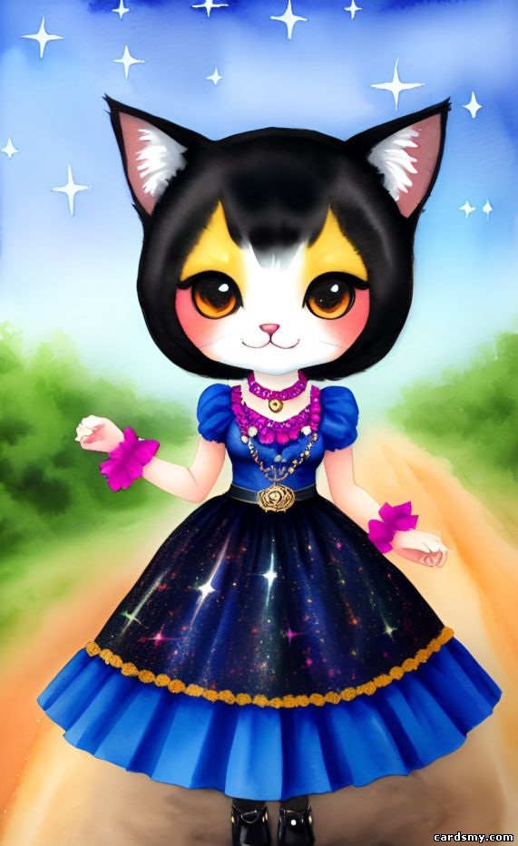 Рисованная кошка в платье