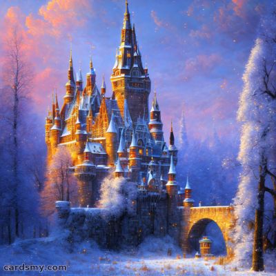 Сказочный замок в зимнем в снежном лесу