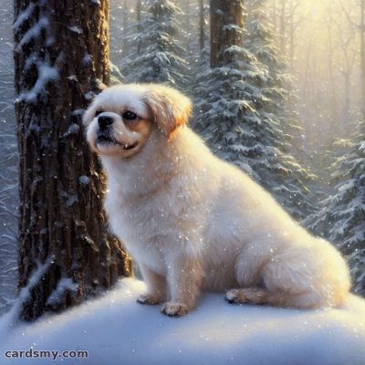 Белая собака в зимнем лесу