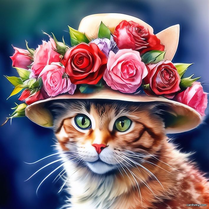 Кошка в шляпе с розами